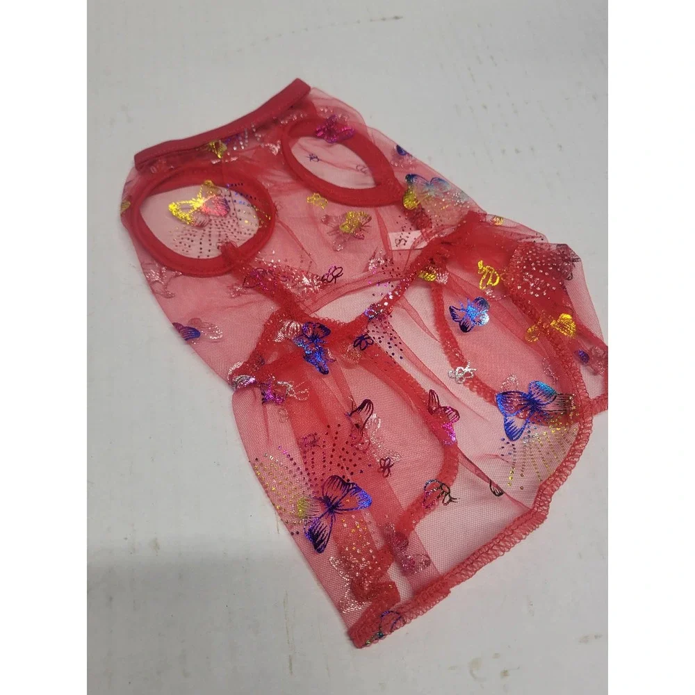 Red Mesh Butterfly Print‎ Pet Dress Small Ruffled Sheer Dog Cat Clothes